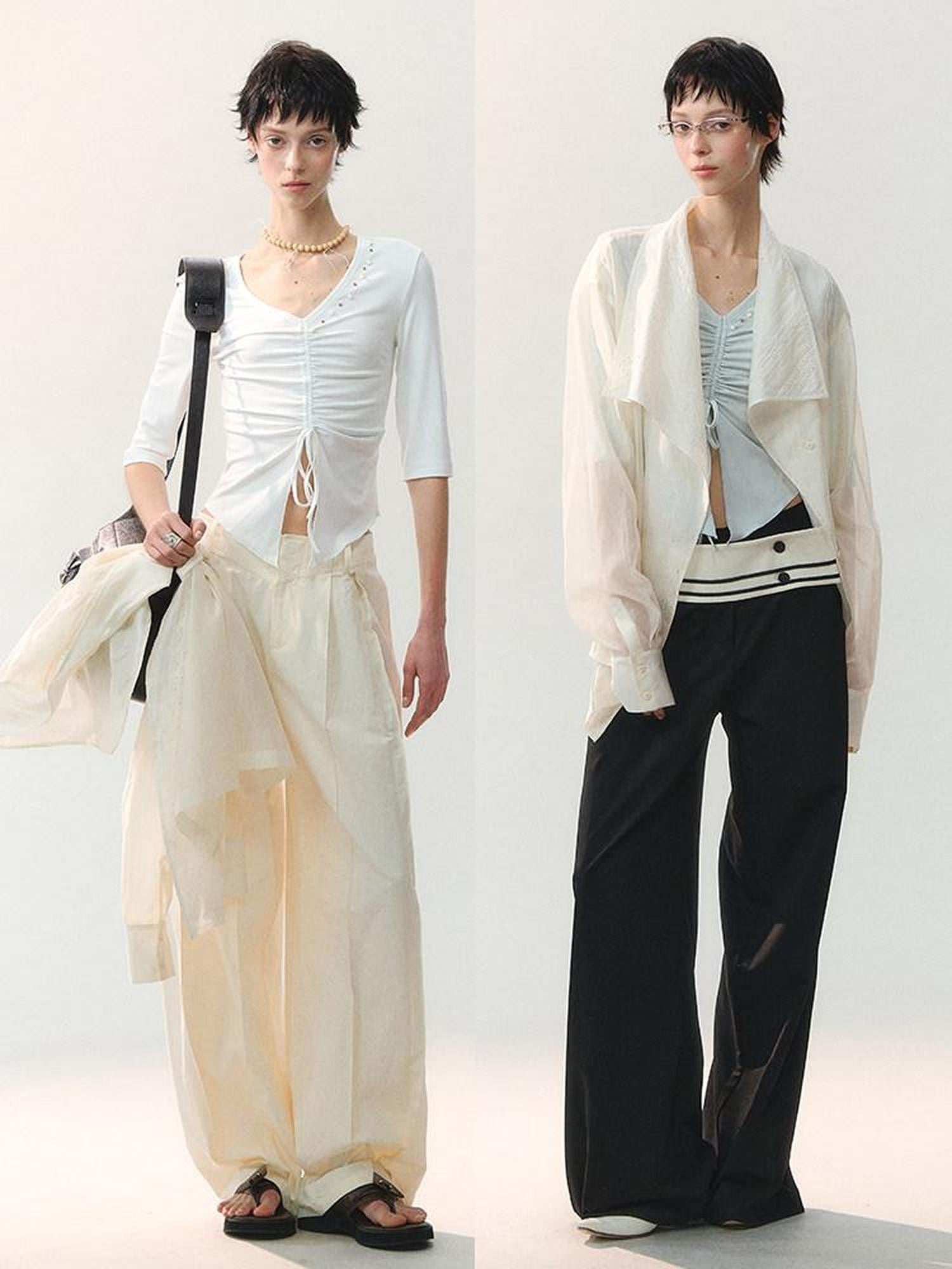 AnnoMundi Two Tone Beaded Drawstring Ruched Slim Women&