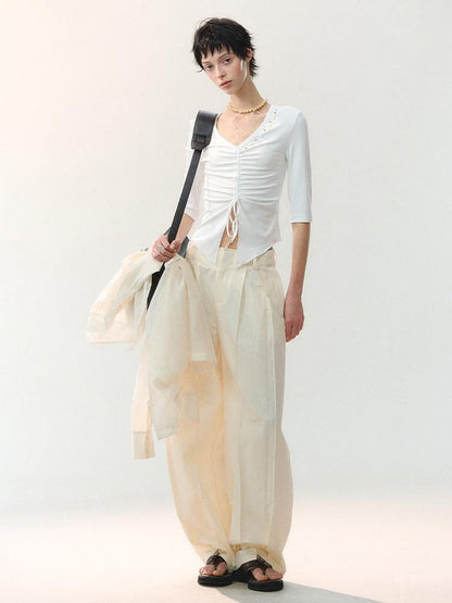 AnnoMundi Two Tone Beaded Drawstring Ruched Slim Women&