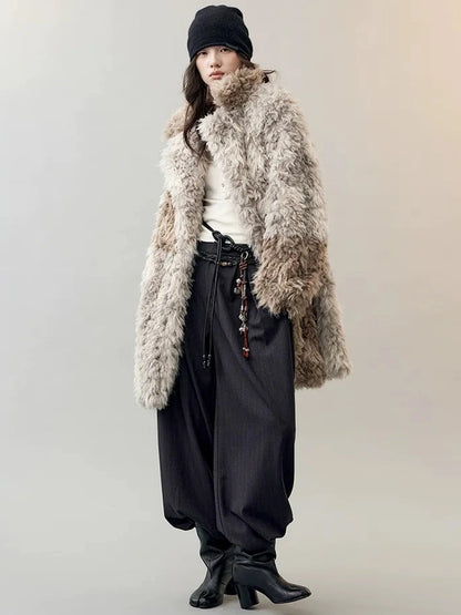 AnnoMundi Two Tone Long Fur Coat With Wide Lapel Jacket