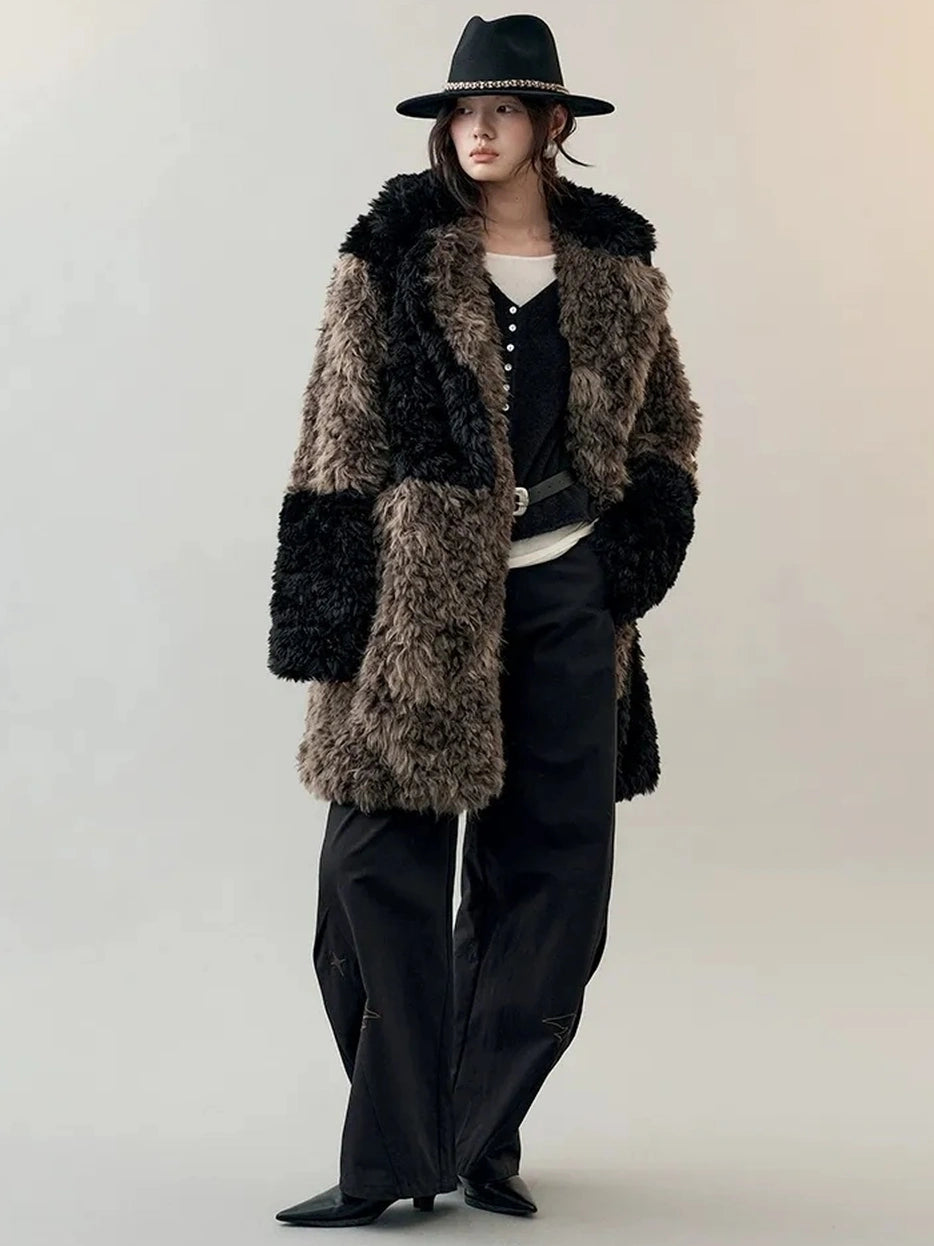 AnnoMundi Two Tone Long Fur Coat With Wide Lapel Jacket