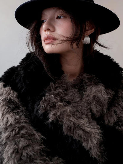 AnnoMundi Two Tone Long Fur Coat With Wide Lapel Jacket