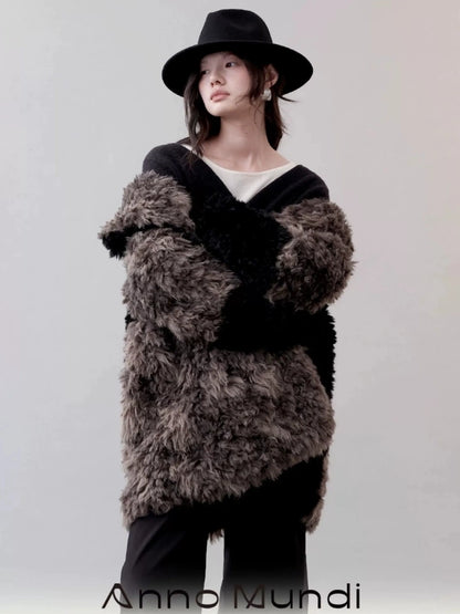 AnnoMundi Two Tone Long Fur Coat With Wide Lapel Jacket