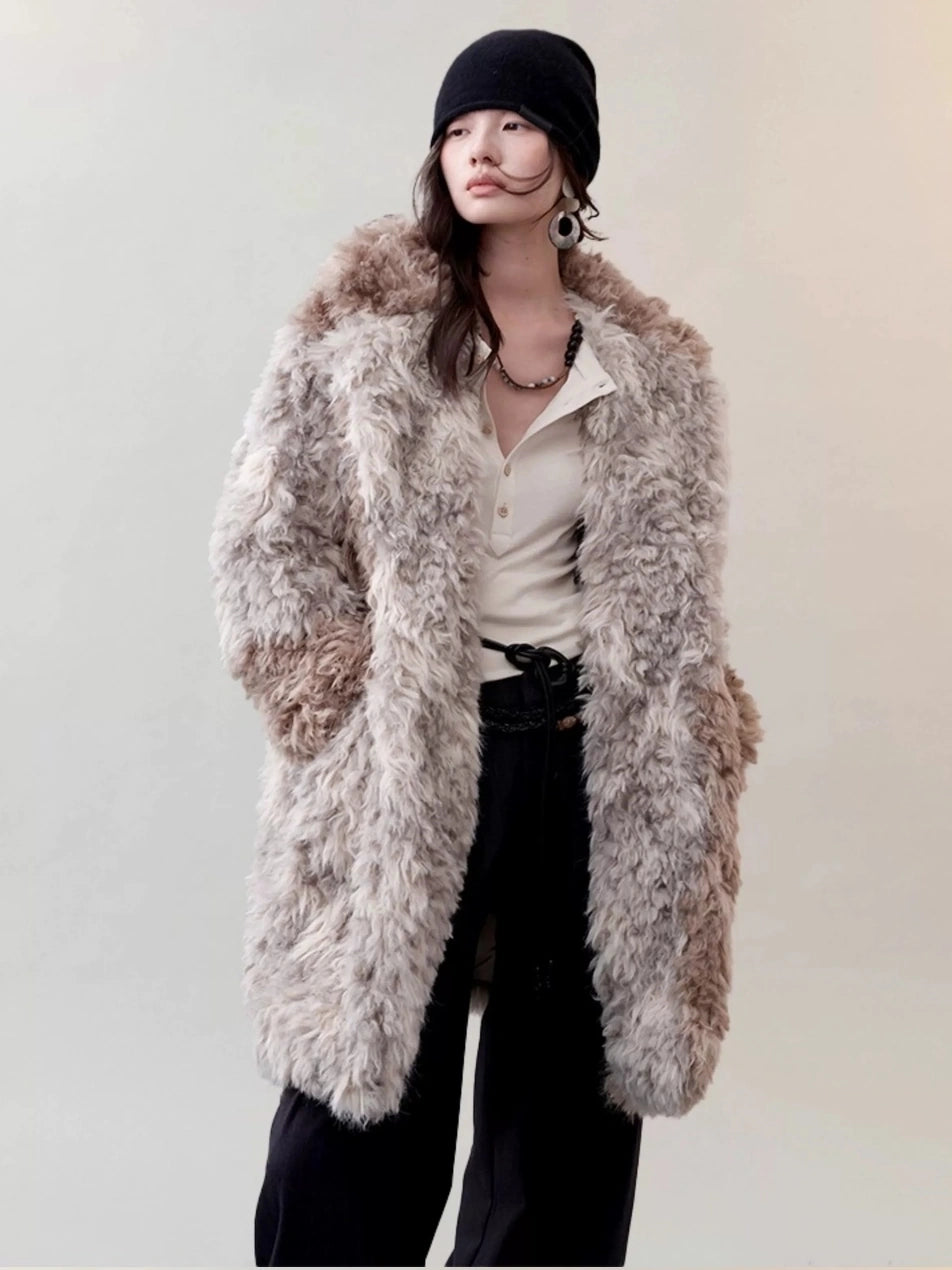 AnnoMundi Two Tone Long Fur Coat With Wide Lapel Jacket