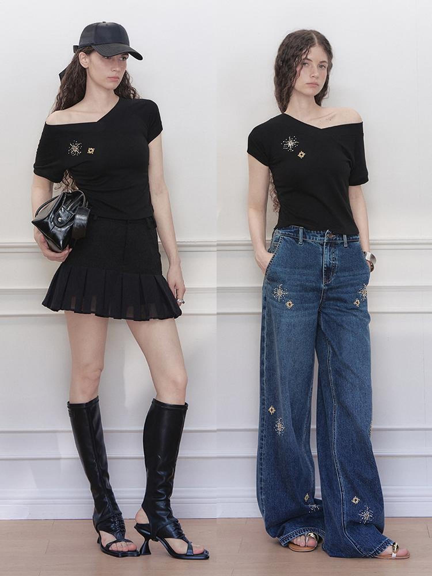 AnnoMundi V-Neck Rhinestone Embroidered Stretch Ribbed T-Shirt