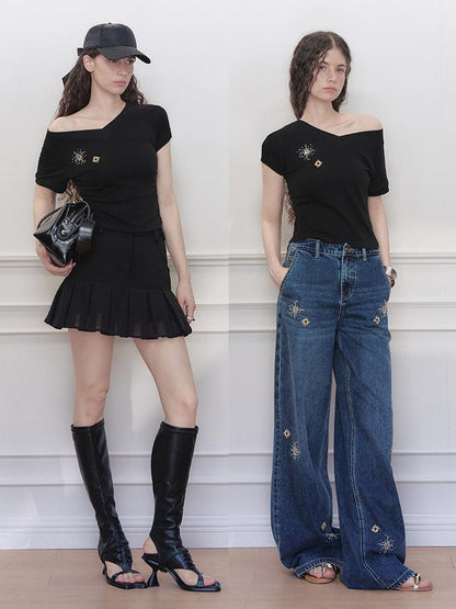 AnnoMundi V-Neck Rhinestone Embroidered Stretch Ribbed T-Shirt