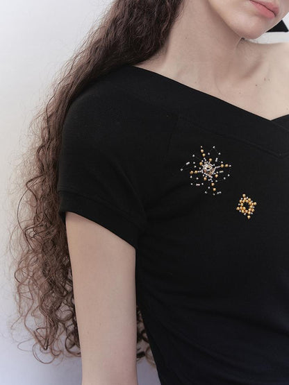 AnnoMundi V-Neck Rhinestone Embroidered Stretch Ribbed T-Shirt