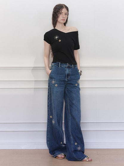 AnnoMundi V-Neck Rhinestone Embroidered Stretch Ribbed T-Shirt