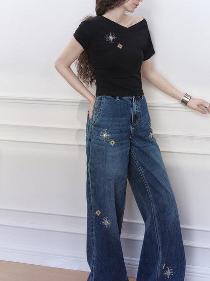 AnnoMundi V-Neck Rhinestone Embroidered Stretch Ribbed T-Shirt