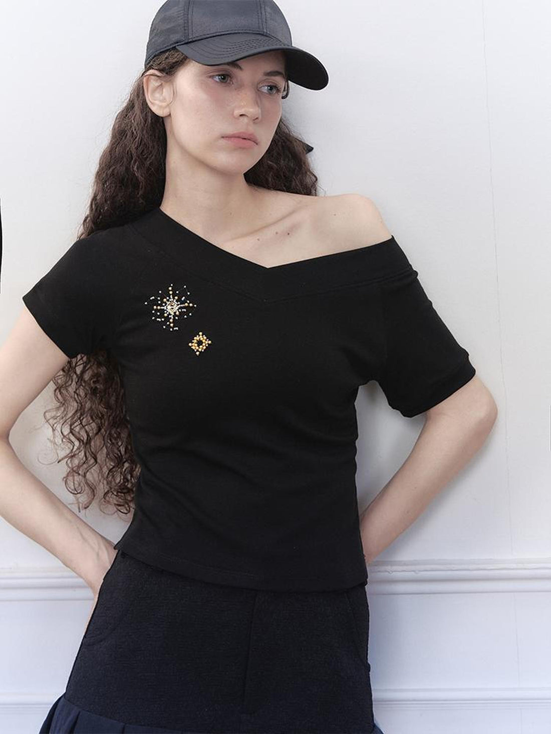 AnnoMundi V-Neck Rhinestone Embroidered Stretch Ribbed T-Shirt