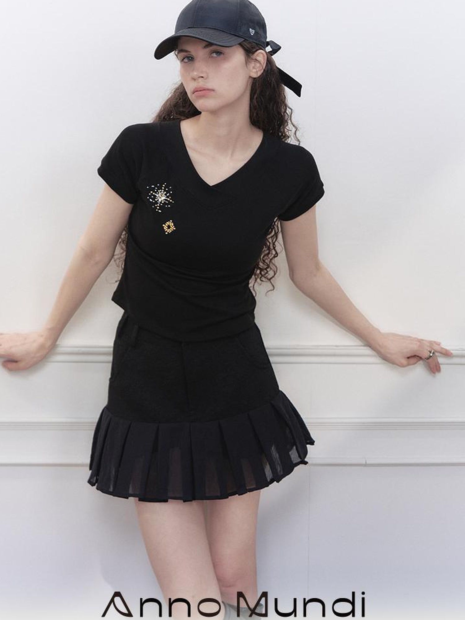 AnnoMundi V-Neck Rhinestone Embroidered Stretch Ribbed T-Shirt