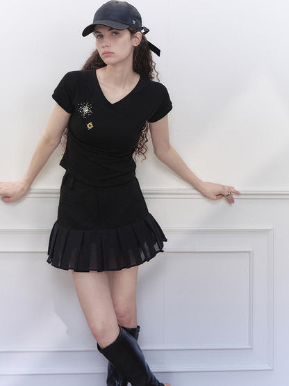 AnnoMundi V-Neck Rhinestone Embroidered Stretch Ribbed T-Shirt