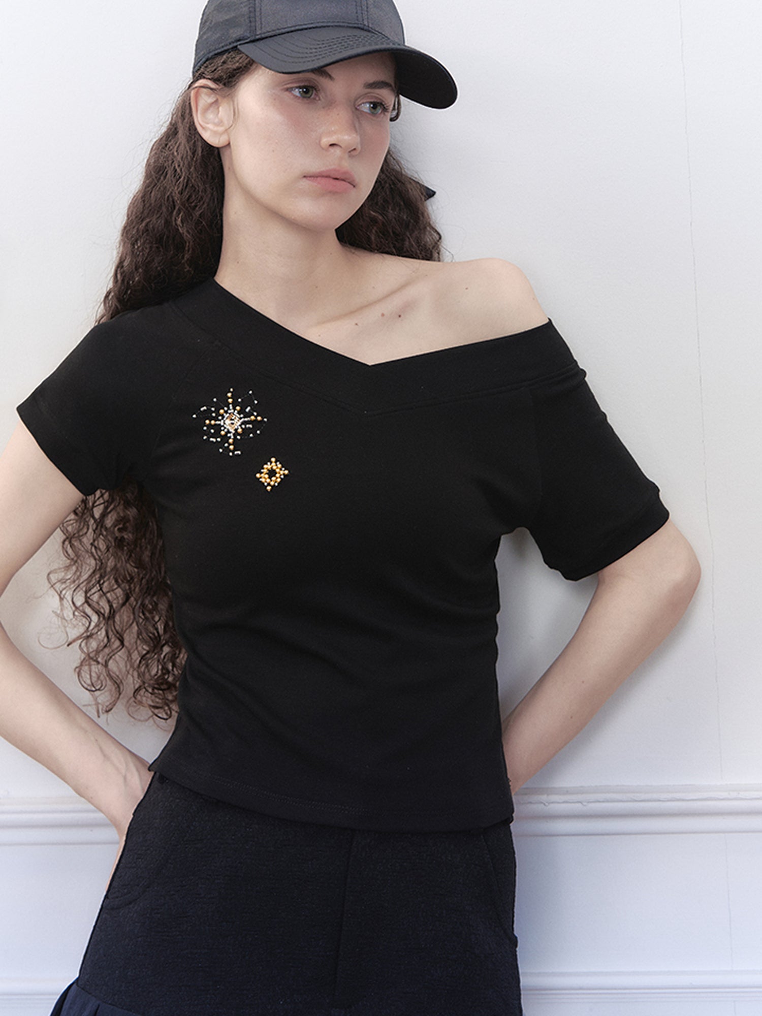 AnnoMundi V-Neck Rhinestone Embroidered Stretch Ribbed T-Shirt
