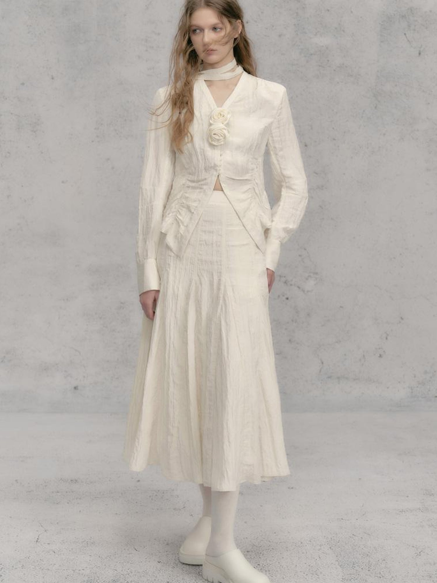 AnnoMundi V-Neck Ruffle Trim Blouse &amp; Floral Skirt Set