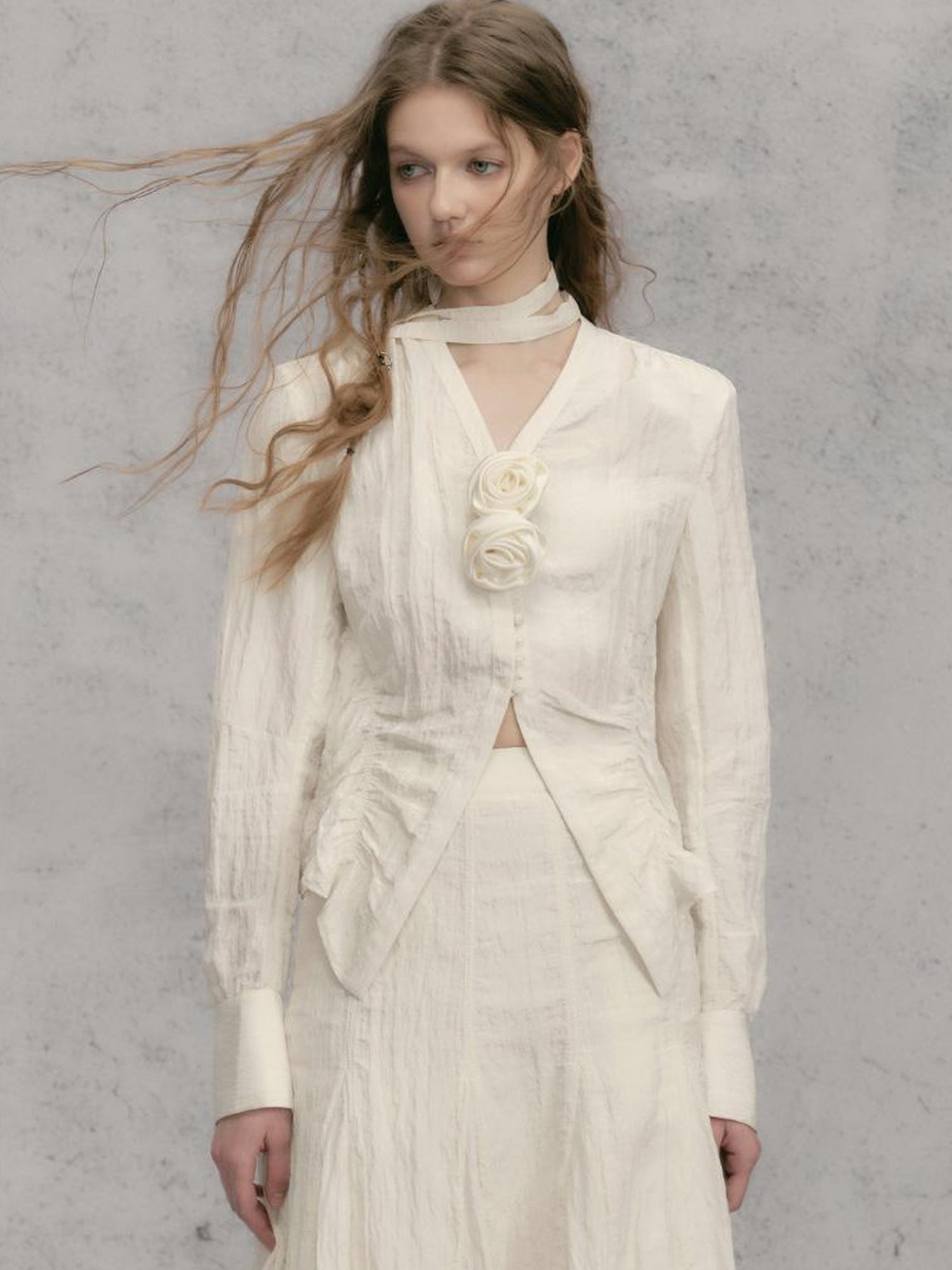 AnnoMundi V-Neck Ruffle Trim Blouse &amp; Floral Skirt Set