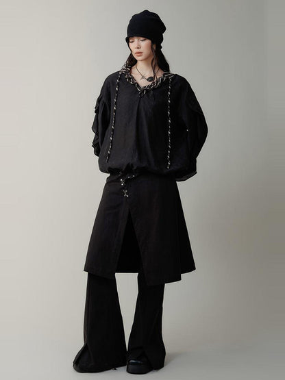 AnnoMundi V-Neck Stripe Tied Hem Chiffon Blouse With Ruffle Sleeves