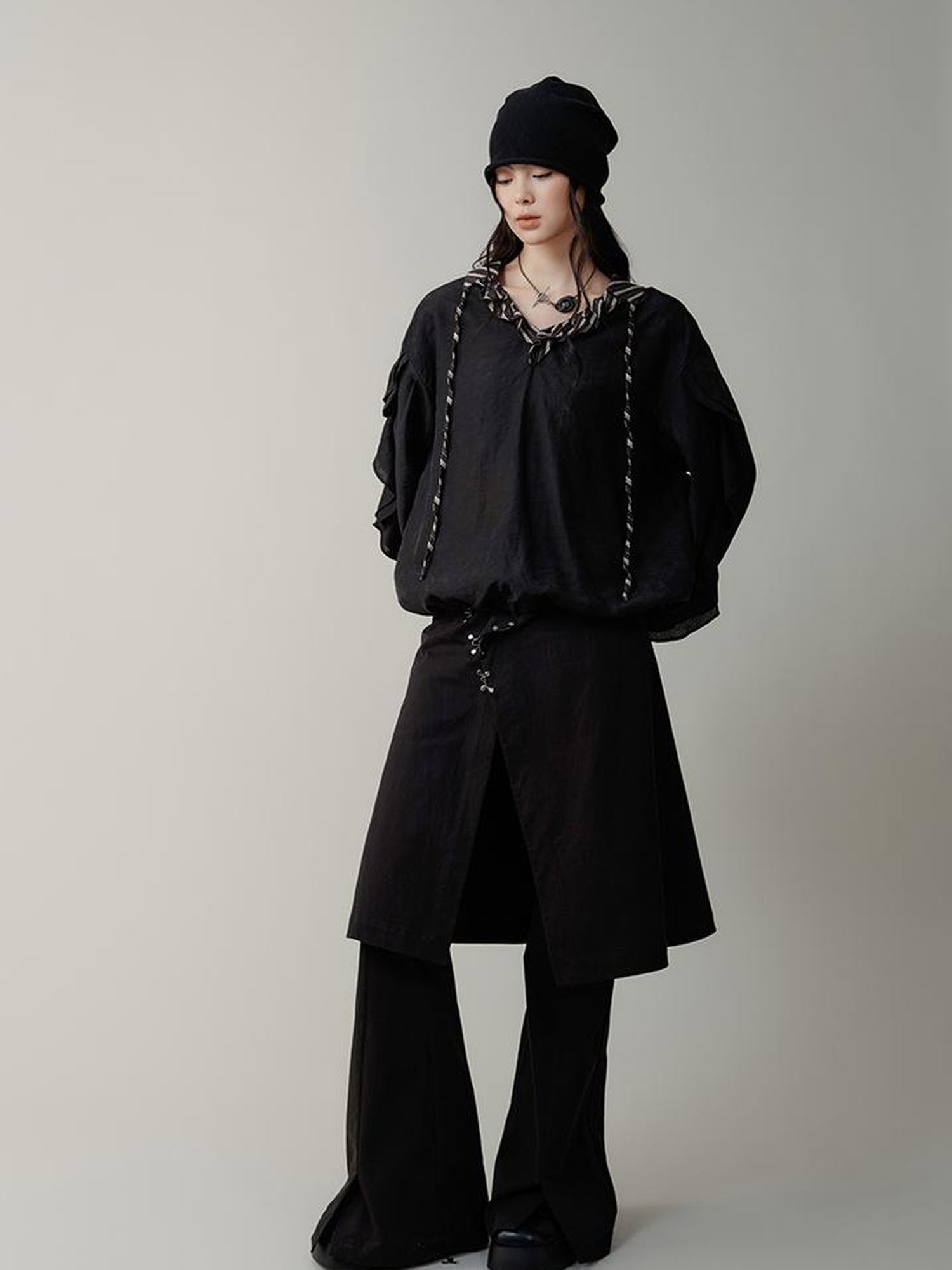 AnnoMundi V-Neck Stripe Tied Hem Chiffon Blouse With Ruffle Sleeves