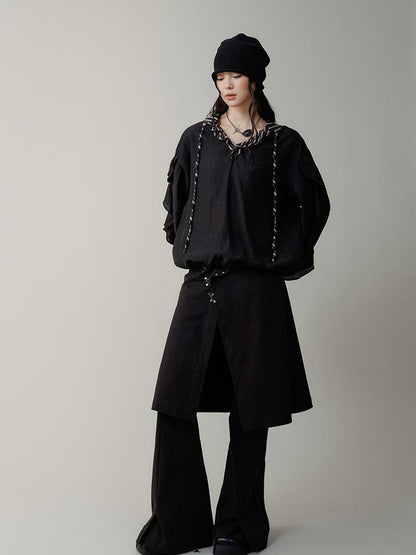 AnnoMundi V-Neck Stripe Tied Hem Chiffon Blouse With Ruffle Sleeves