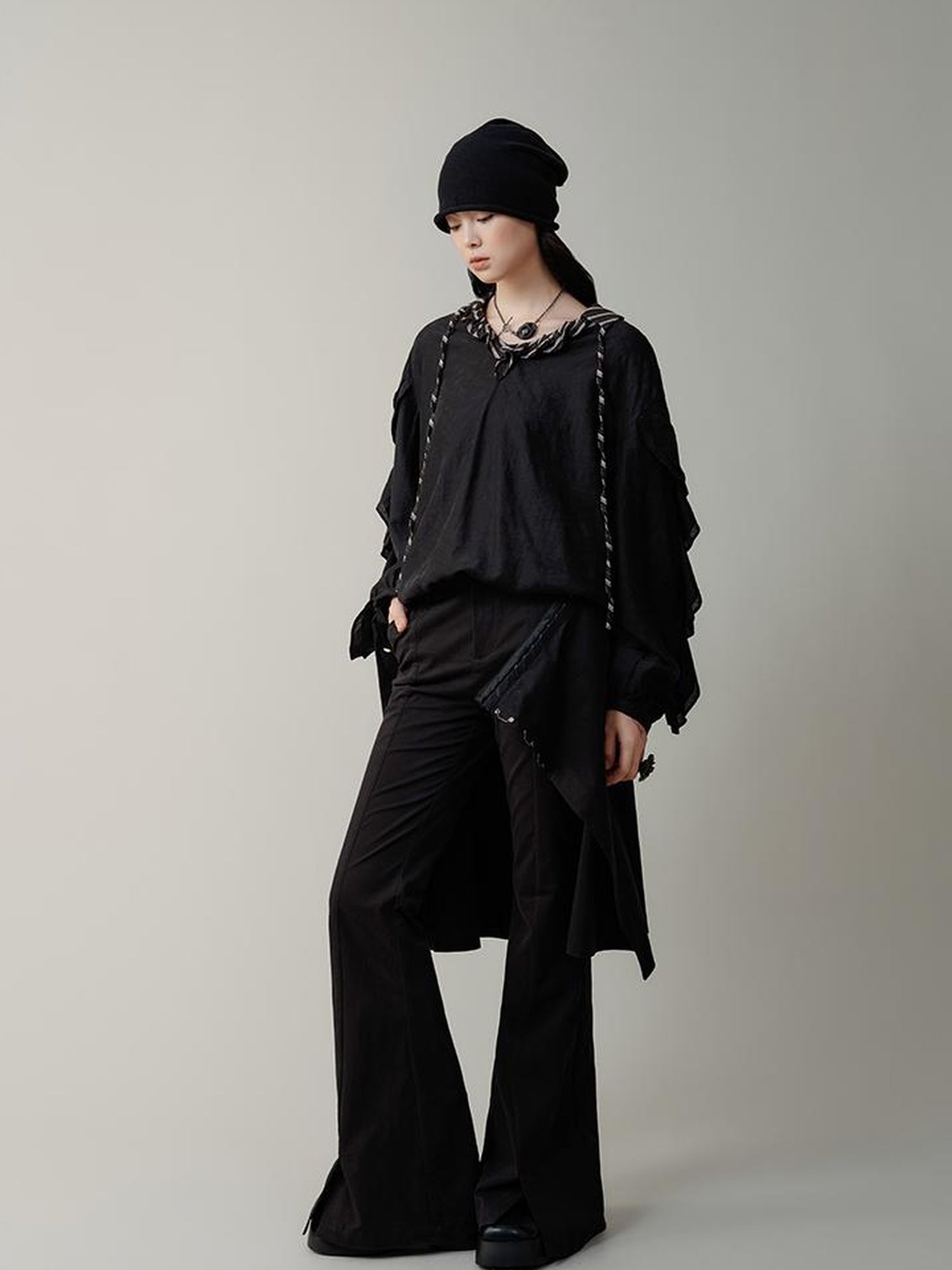 AnnoMundi V-Neck Stripe Tied Hem Chiffon Blouse With Ruffle Sleeves