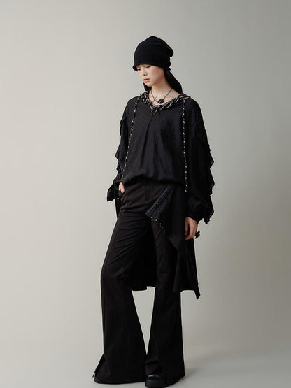 AnnoMundi V-Neck Stripe Tied Hem Chiffon Blouse With Ruffle Sleeves