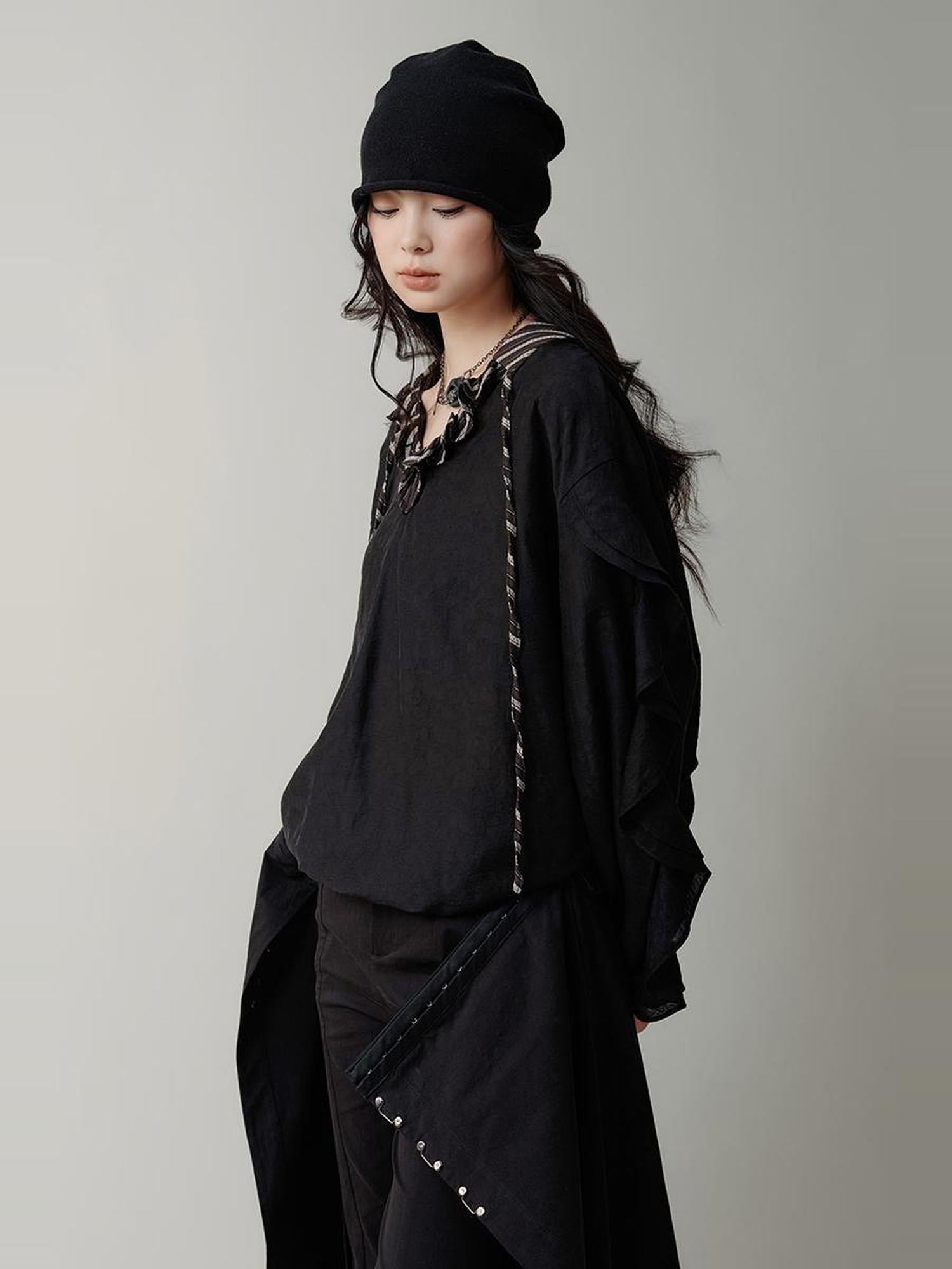 AnnoMundi V-Neck Stripe Tied Hem Chiffon Blouse With Ruffle Sleeves