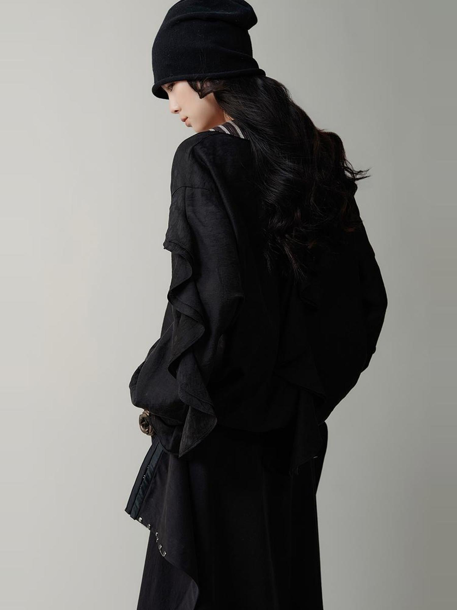 AnnoMundi V-Neck Stripe Tied Hem Chiffon Blouse With Ruffle Sleeves