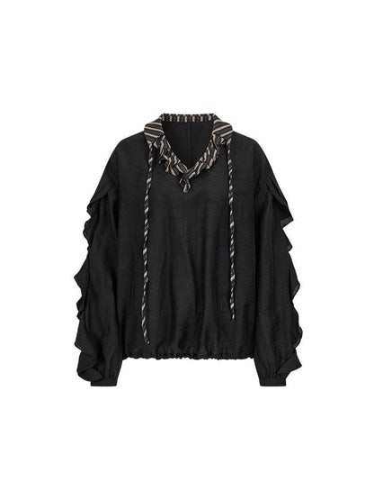 AnnoMundi V-Neck Stripe Tied Hem Chiffon Blouse With Ruffle Sleeves