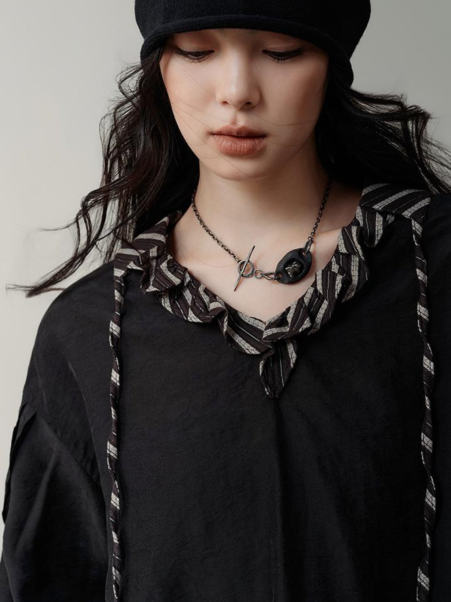 AnnoMundi V-Neck Stripe Tied Hem Chiffon Blouse With Ruffle Sleeves