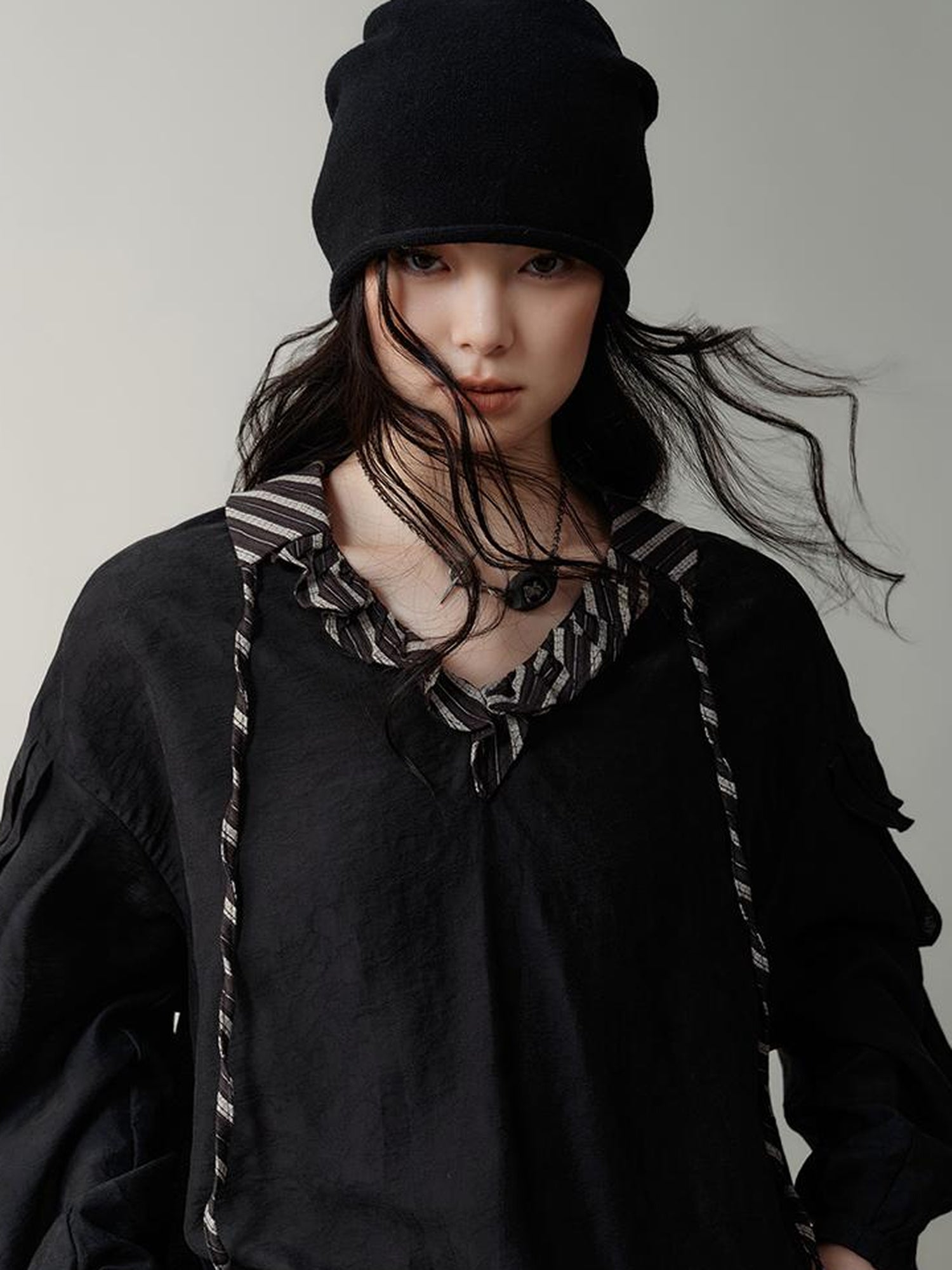 AnnoMundi V-Neck Stripe Tied Hem Chiffon Blouse With Ruffle Sleeves