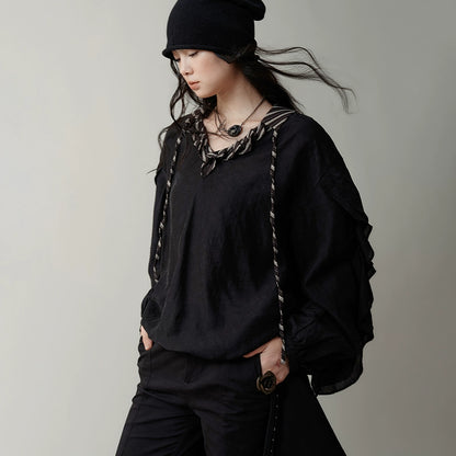 AnnoMundi_V-Neck_Stripe_Tied_Hem_Chiffon_Blouse_With_Ruffle_Sleeves_MISSTT
