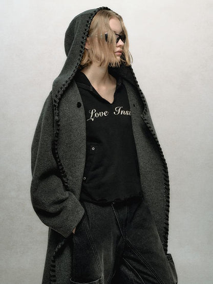 AnnoMundi V-Neck Washed Distressed Hoodie Cropped Pullover