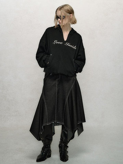 AnnoMundi V-Neck Washed Distressed Hoodie Cropped Pullover
