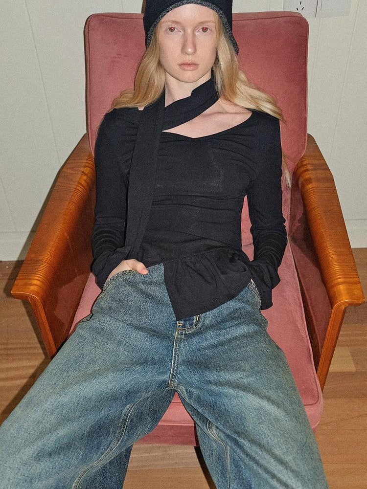 AnnoMundi V-neck Ribbon Scarf Deconstructed Brushed Women&