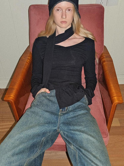 AnnoMundi V-neck Ribbon Scarf Deconstructed Brushed Women&
