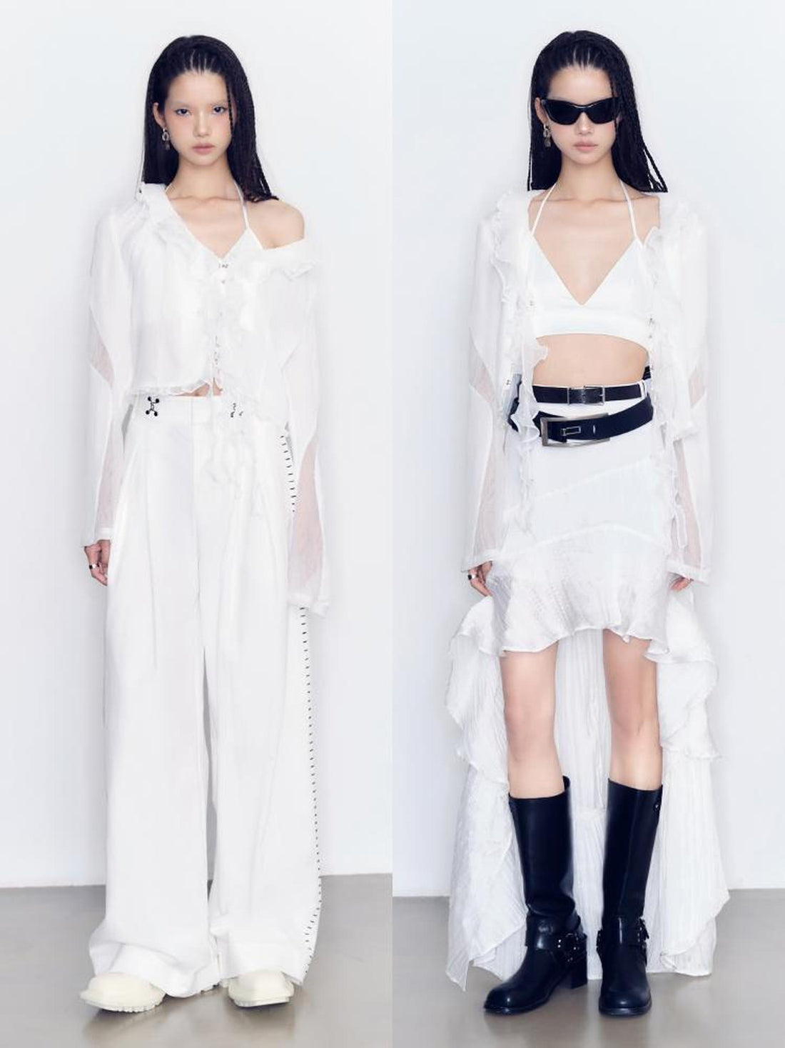 AnnoMundi V-neck Wave Texture Blouse with Ruffle Trim