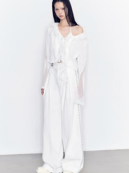 AnnoMundi V-neck Wave Texture Blouse with Ruffle Trim