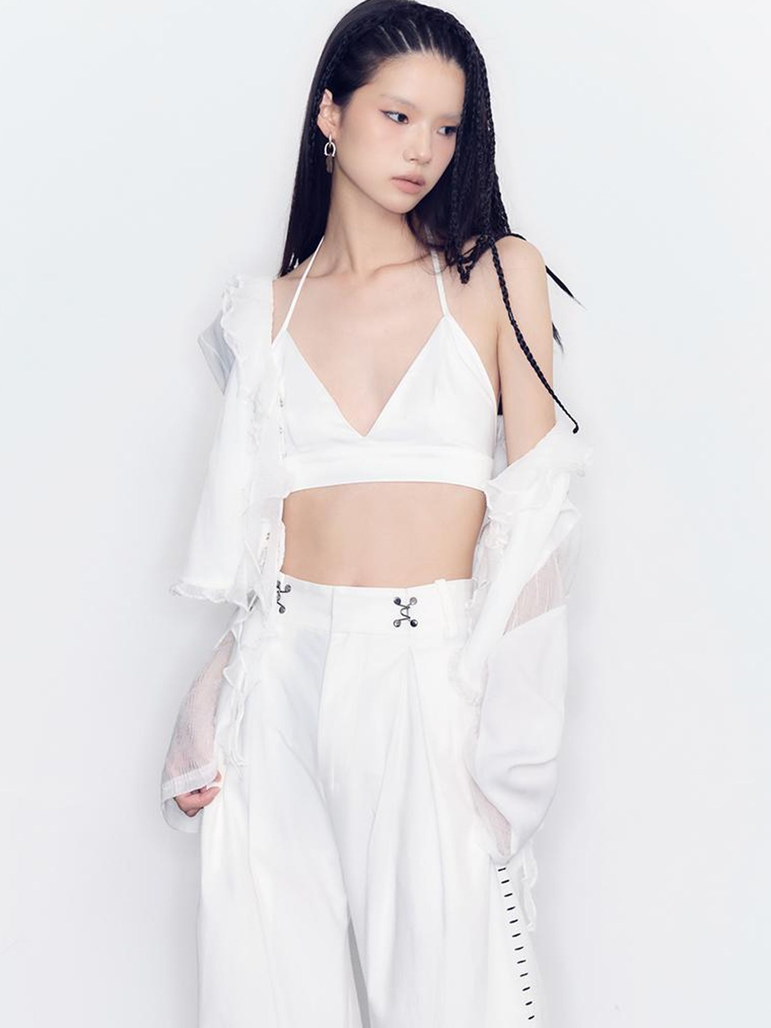 AnnoMundi V-neck Wave Texture Blouse with Ruffle Trim