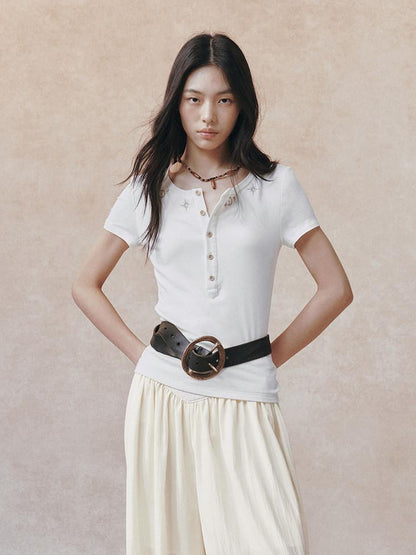 AnnoMundi Vintage Embroidered Half Placket Slim Women&