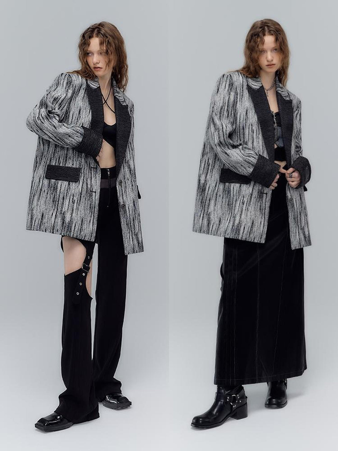 AnnoMundi Vintage Ink Print Textured Colorblock Oversized Single Breasted Women&
