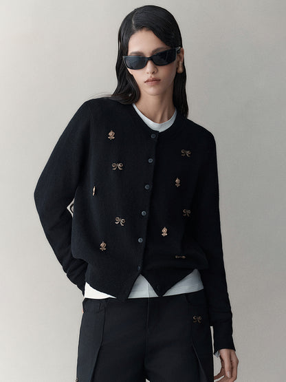 AnnoMundi Vintage Noir Bow Knit Cardigan V Neck Long Sleeve Open Front Draped Tassel
