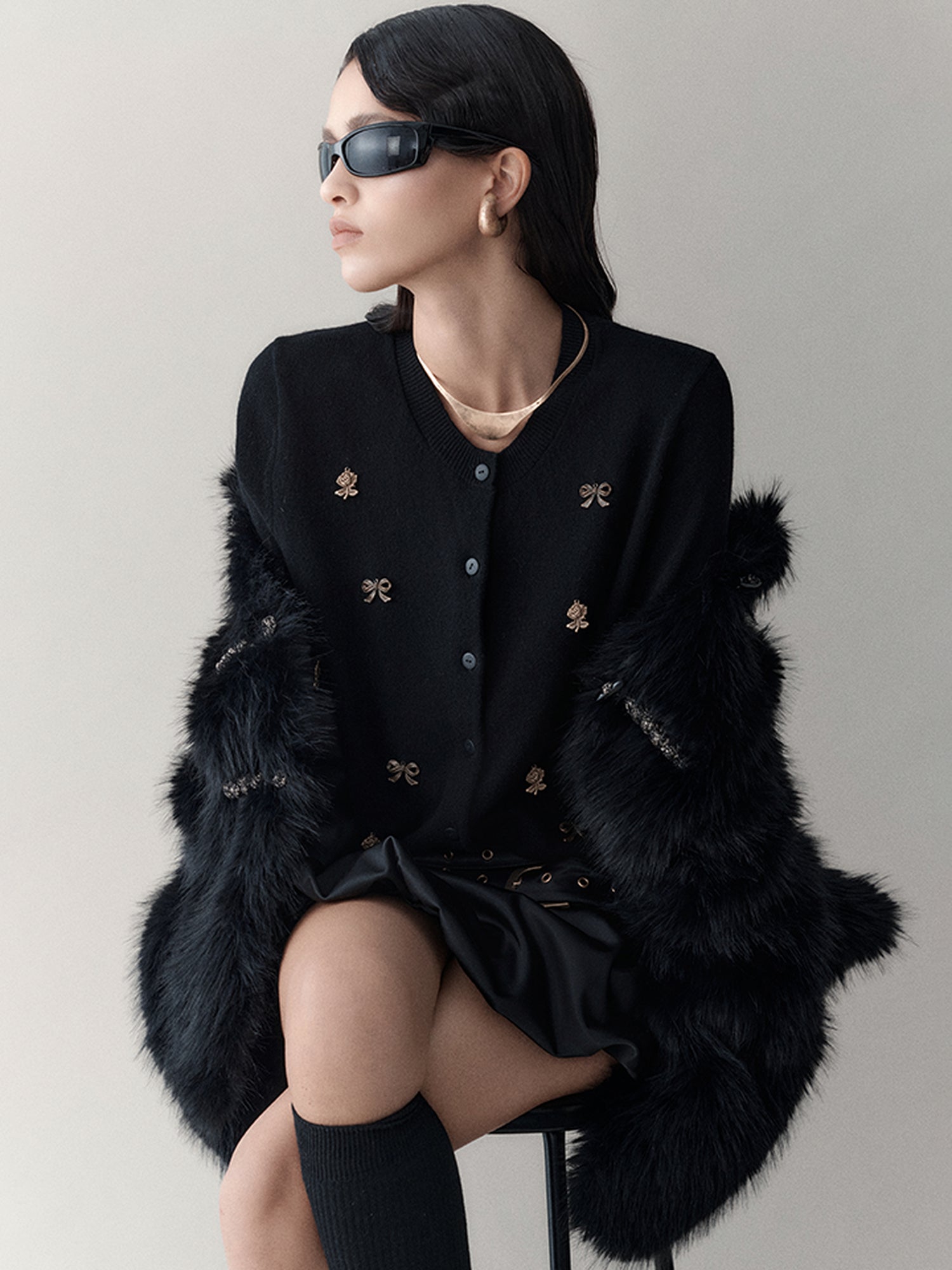 AnnoMundi Vintage Noir Bow Knit Cardigan V Neck Long Sleeve Open Front Draped Tassel