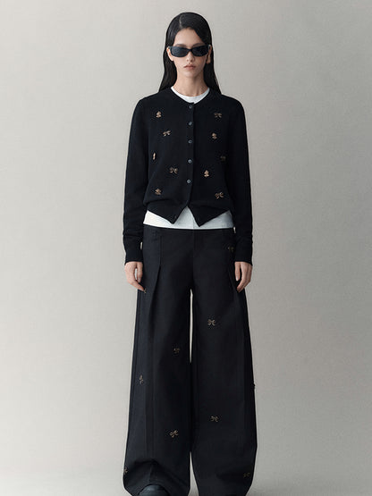 AnnoMundi Vintage Noir Bow Knit Cardigan V Neck Long Sleeve Open Front Draped Tassel