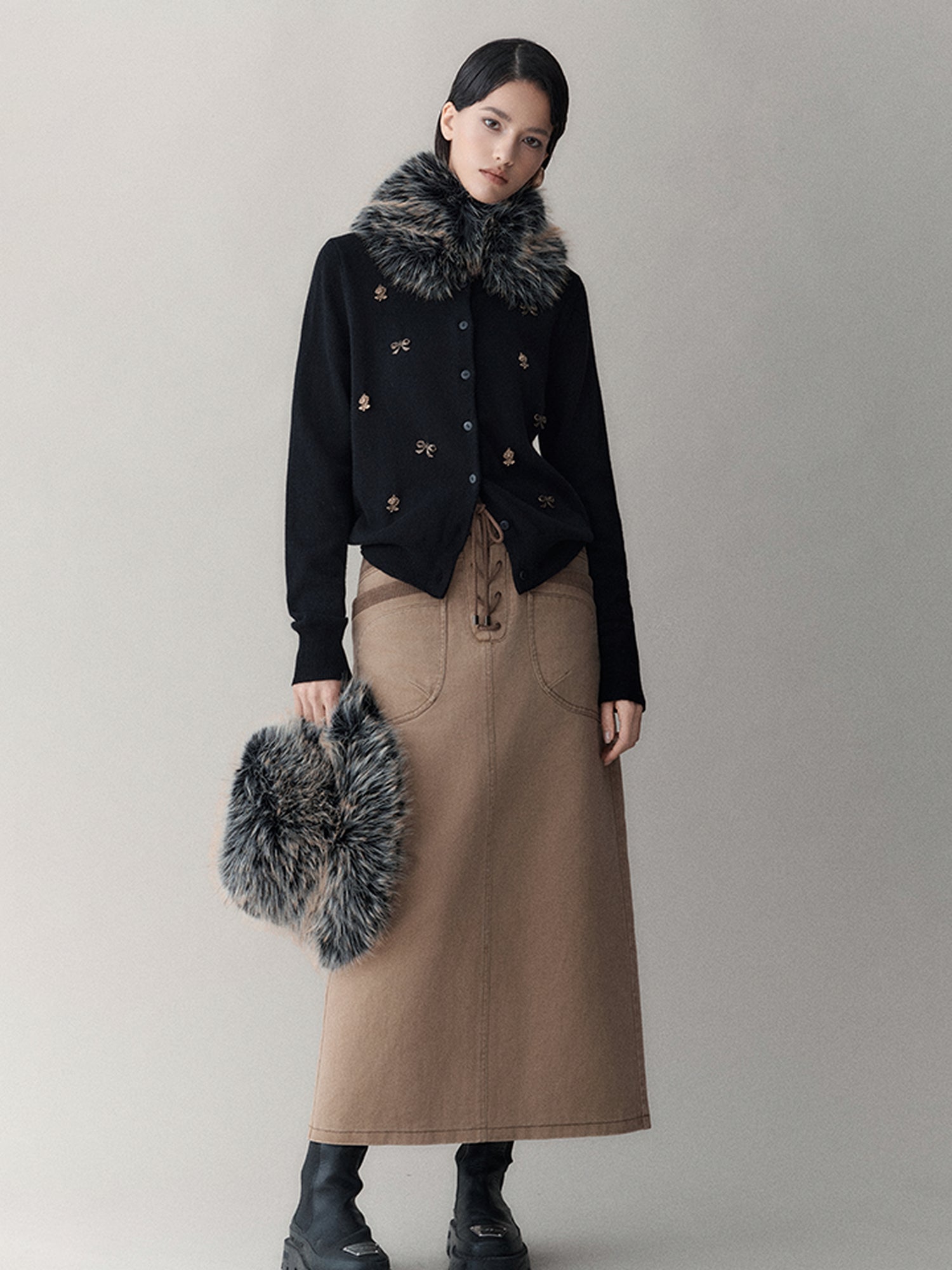 AnnoMundi Vintage Noir Bow Knit Cardigan V Neck Long Sleeve Open Front Draped Tassel