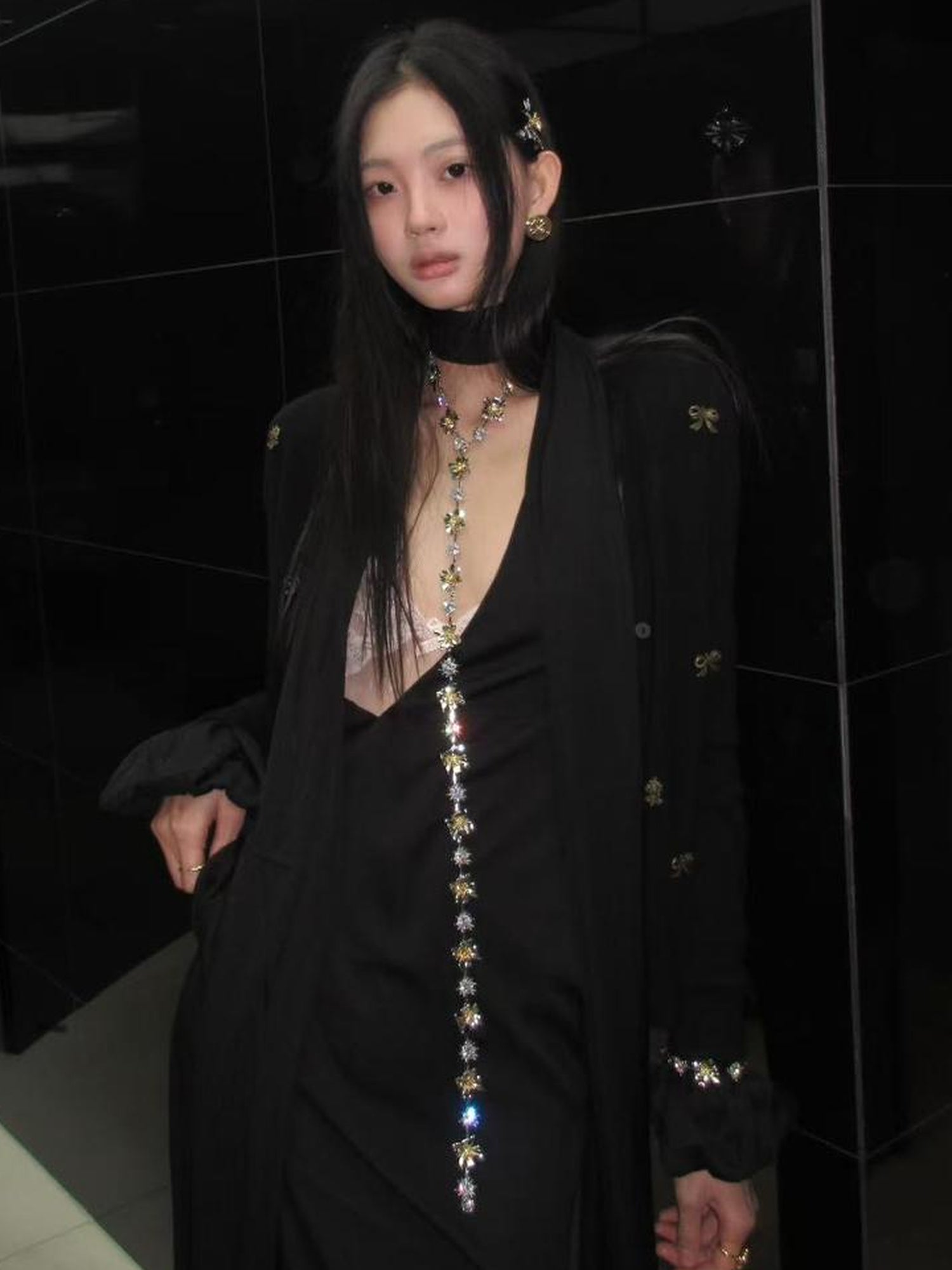 AnnoMundi Vintage Noir Bow Knit Cardigan V Neck Long Sleeve Open Front Draped Tassel