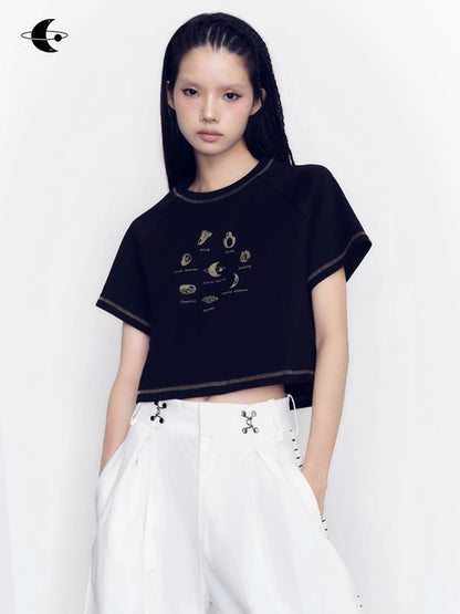 AnnoMundi Vintage Ring Print Cotton Knit V-neck T-shirt Long Sleeve T-shirt