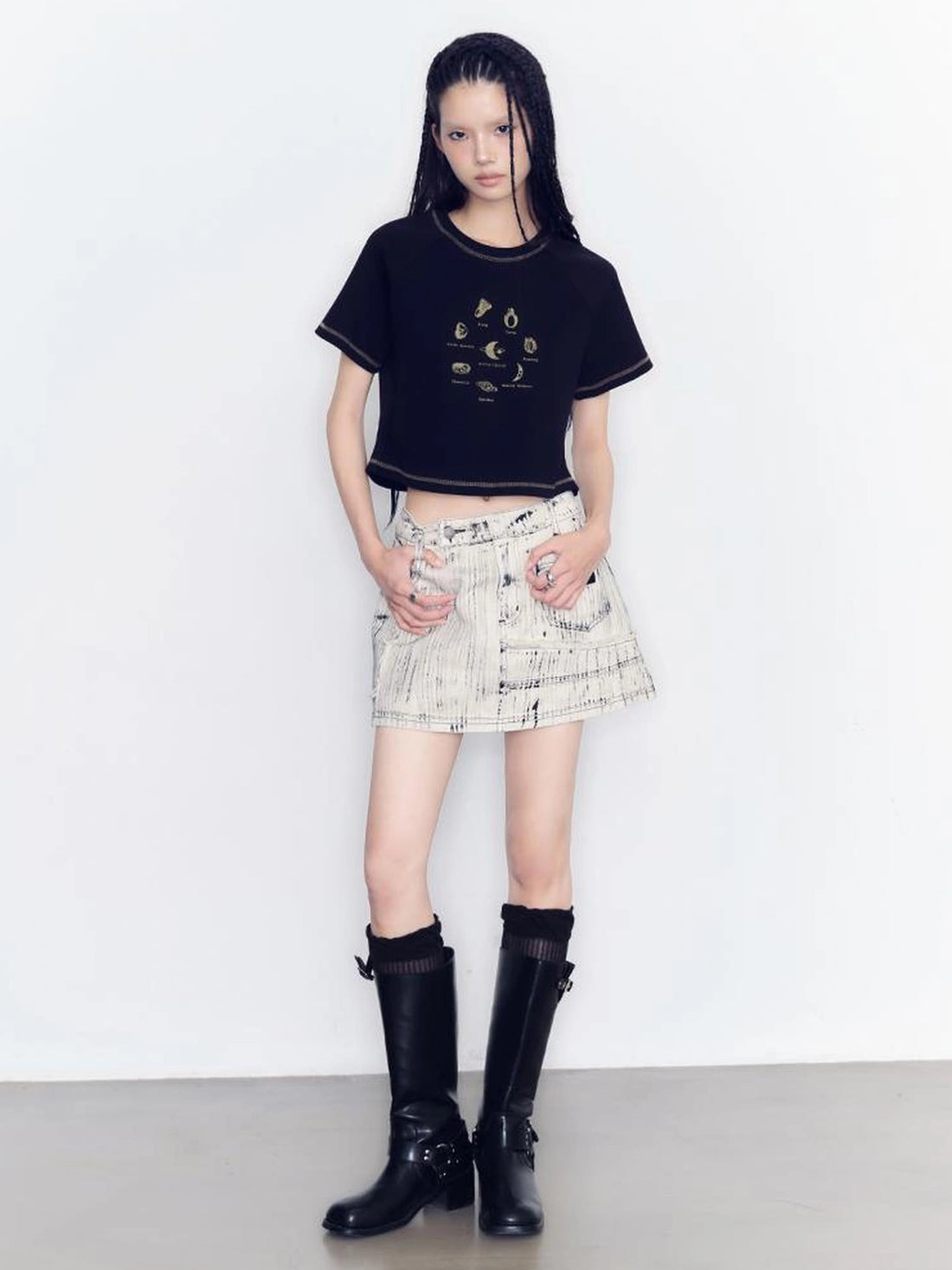 AnnoMundi Vintage Ring Print Cotton Knit V-neck T-shirt Long Sleeve T-shirt