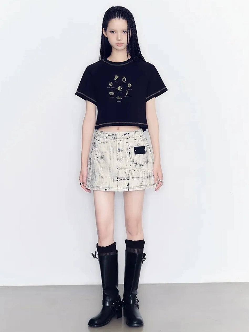 AnnoMundi Vintage Ring Print Cotton Knit V-neck T-shirt Long Sleeve T-shirt