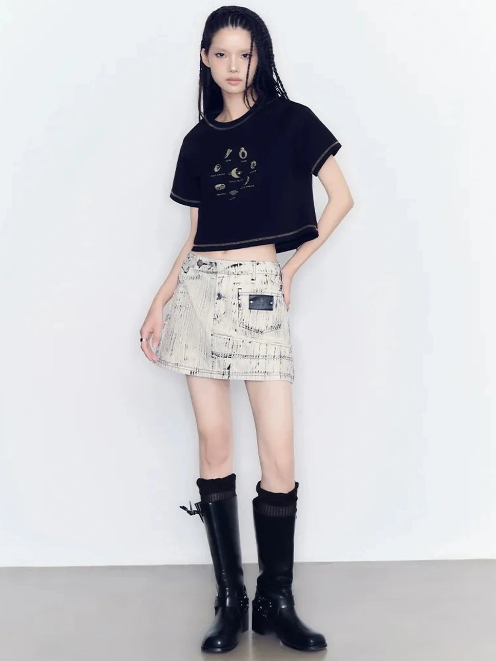 AnnoMundi Vintage Ring Print Cotton Knit V-neck T-shirt Long Sleeve T-shirt