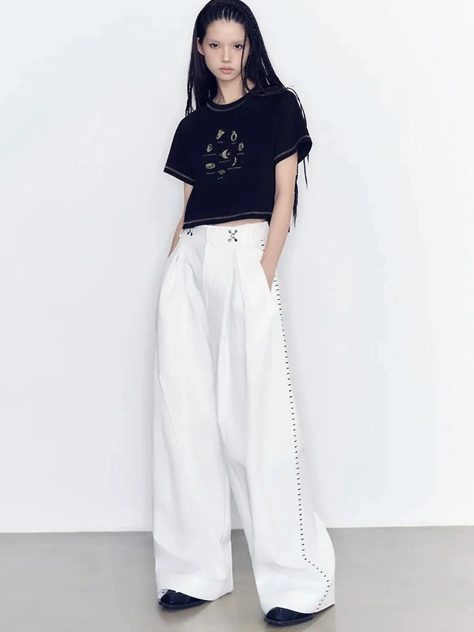 AnnoMundi Vintage Ring Print Cotton Knit V-neck T-shirt Long Sleeve T-shirt