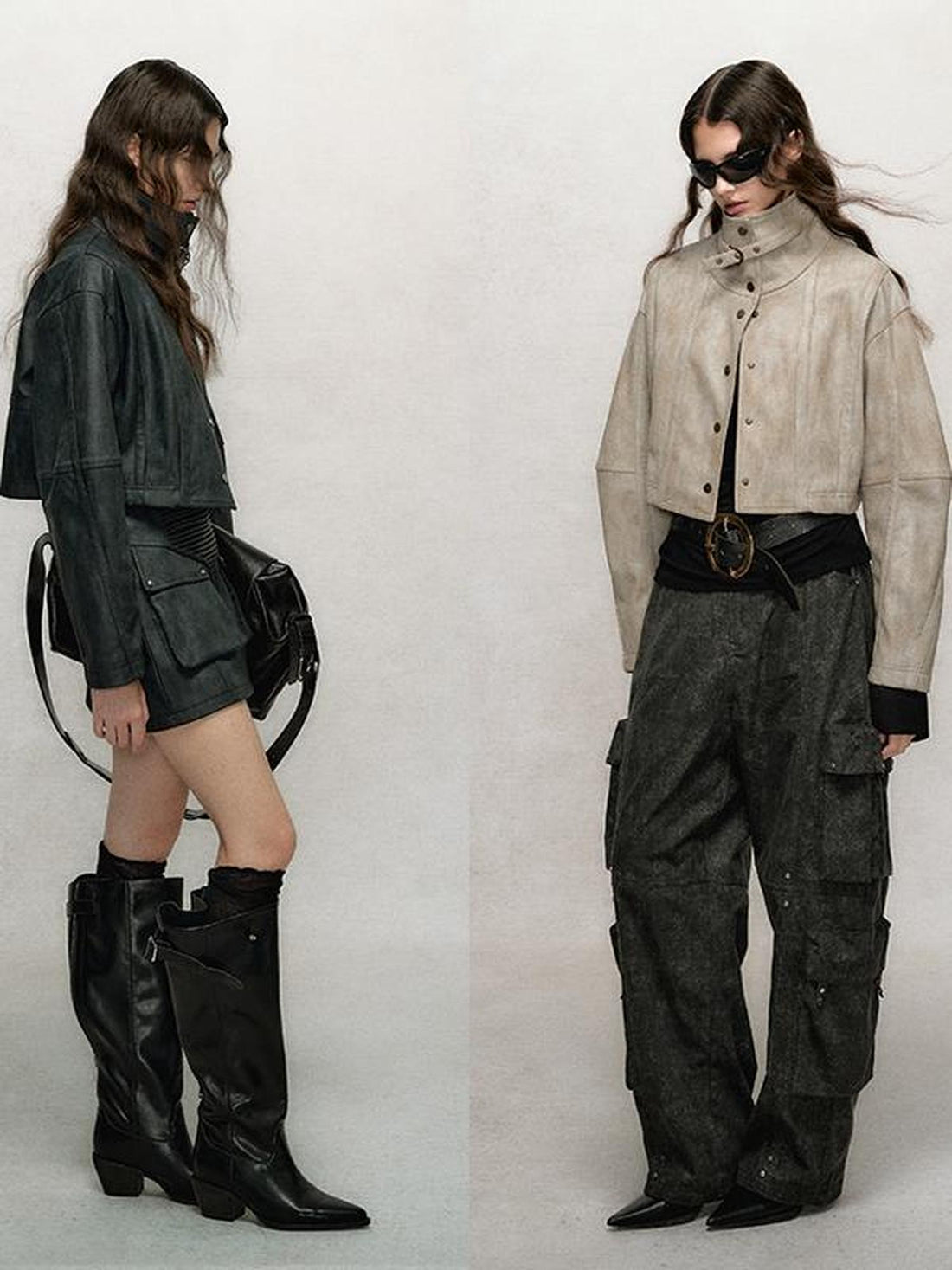 AnnoMundi Vintage Washed Dual Sided Pu Leather Jacket Skirt Set