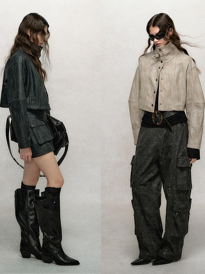 AnnoMundi Vintage Washed Dual Sided Pu Leather Jacket Skirt Set